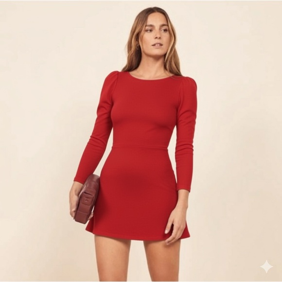 Reformation Dresses & Skirts - NWOT 🎄 Reformation Jeans Red Long Puff Sleeve Organic Cotton Mini Dress L